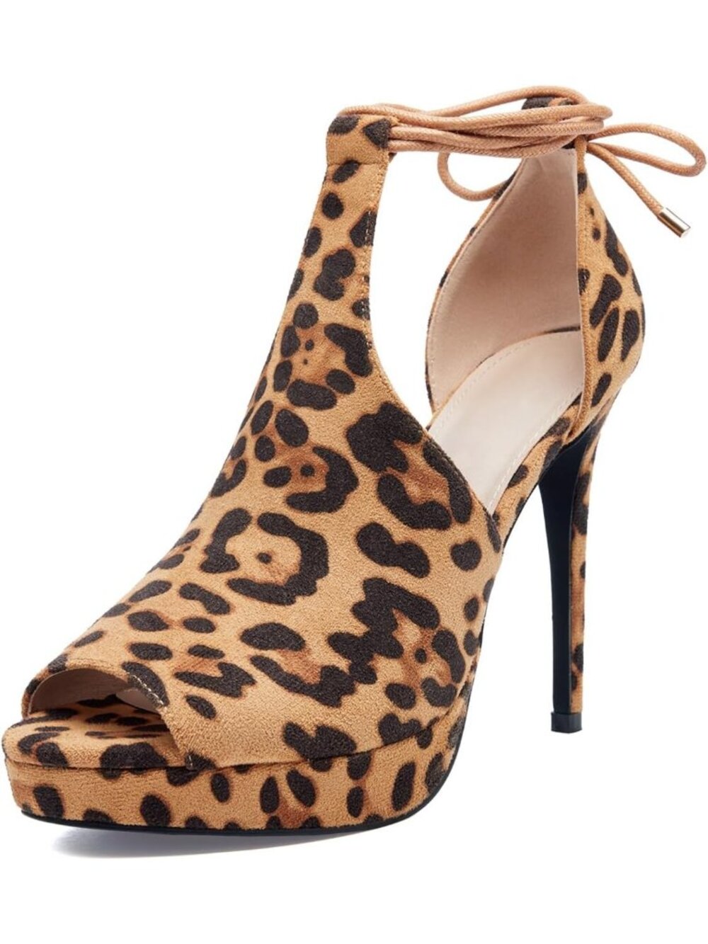Women's Leopard Peep Toe Platform Heel Sandals Strappy Lace Up Stiletto Shoes